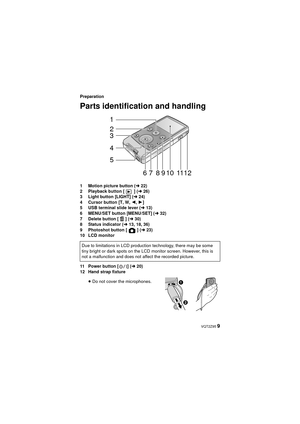 Page 9 VQT2Z95 9
Preparation
Parts identification and handling
1 Motion picture button (l22)
2 Playback button [ ] ( l26)
3 Light button [LIGHT] ( l24)
4 Cursor button [T, W, 2,  1]
5 USB terminal slide lever ( l13)
6 MENU/SET button [MENU/SET] ( l32)
7 Delete button [ ] ( l30)
8 Status indicator ( l13, 18, 36)
9 Photoshot button [ ] ( l23)
10 LCD monitor
11 Power button [ ] ( l20)
12 Hand strap fixture
≥Do not cover the microphones.
Due to limitations in LCD production technology, there may be some 
tiny...