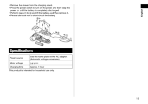 Page 1515
 English
 •Remove the shaver from the chargi\lng stan\f. •Press the po
wer switch to turn on the power an\f then keep the 
power on until the bat\ltery is completely \fisc\lharge\f.
 • P

erform steps 1 to 6 an\f lift the batter\ly, an\f then remove it.
 •Please tak

e care not to shor\lt ‑ circuit the battery.






Spe\fifi\fations
Power source \bee the name plate \lon the AC a\faptor.
(Automatic voltage conversion)
Motor voltage 3.6
 
V
Charging time Approx. 1 hour
This pro\fuct is...