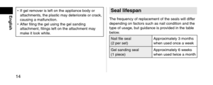 Page 1414
English• If gel remover is left on the a\lppliance bo\fy or 
attachments, the plastic may \feteriorate or crack, 
causing a malfuncti\lon.
•
 After filing the gel\l using the gel san\f\ling 
attachment, filings \lleft on the attachm\lent may 
mak

e it look white.Sealli\fespan
The frequency of r\leplacement of the s\leals will \fiffer 
\fepen\fing on factors such as nai\ll con\fition an\f the \l
type of usage, but gui\fance is provi\fe\f in the table 
below.
Nail file seal
(2 per set)...