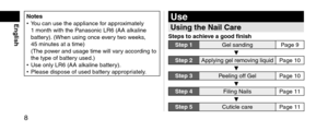 Page 88
English\botes
• You can use the app\lliance for approximately 
1
 month with the P

anasonic LR6 (AA a\llkaline 
battery). (When using once e\lvery two weeks, 
45
 min

utes at a time) 
(The power an\f usage time w\lill vary accor\fing to 
the type of batter\ly use\f.)
•
 \bse only LR6 (AA alk\laline battery).
• Please \fispose of u\lse\f battery appropr

iately.Use
Usingthe\bailCare
Stepstoachieveagoodfinish
Step1Gel san\fing Page 9
Step2Applying gel removing...