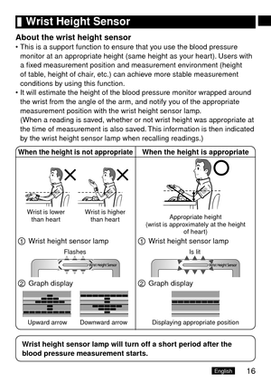 Page 1716English
	Wrist	Height	Sensor
About	the	wrist	height	sensorThis is a support function to ensure that you use the blood pressure 
monitor at an appropriate height (same height as your heart). Users with 
a fixed measurement position and measurement environment (height 
of table, height of chair, etc.) can achieve more stable measurement 
conditions by using this function. 
It will estimate the height of the blood pressure monitor wrapped around 
the wrist from the angle of the arm, and notify you of the...