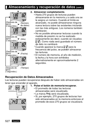 Page 62S27Español
(Después de 
aprox. 
2 segundos.)
(Después de 
aprox. 
2 
segundos.)
(Después de 
aprox. 
2 segundos.)
(Después de 
aprox. 
2 segundos.)(Número 
de datos)
(Año)
(Fecha)
(Tiempo)
2.	 Almacenar	completamente.	 Hasta 270 grupos de lecturas pueden 
almacenarse en la memoria y a cada una se 
le asigna un número. Cuando el límite es 
alcanzado, no puede almacenarse ninguna 
nueva lectura sobre las existentes iniciando 
con las más antiguas. Los números también 
cambiarán.
No es posible almacenar...