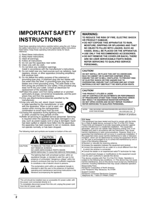 Page 2VQ T2H71
2
Gettin g started
IMPORTANT SAFETY 
INSTRUCTIONS
Read these operating instructions carefully before using the unit. Follow 
the safety instructions on the unit and the applicable safety instructions 
listed below. Keep these operating instructions handy for future 
reference.
1) Read these instructions.
2) Keep these instructions.
3) Heed all warnings.
4) Follow all instructions.
5) Do not use this apparatus near water.
6) Clean only with dry cloth.
7) Do not block any ventilation...