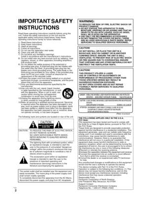 Page 2RQT9334
(ENG )
2
Gettin g started
IMPORTANT SAFETY 
INSTRUCTIONS
Read these operating instructions carefully before using the 
unit. Follow the safety instructions on the unit and the 
applicable safety instructions listed below. Keep these 
operating instructions handy for future reference.
1) Read these instructions.
2) Keep these instructions.
3) Heed all warnings.
4) Follow all instructions.
5) Do not use this apparatus near water.
6) Clean only with dry cloth.
7) Do not block any ventilation...