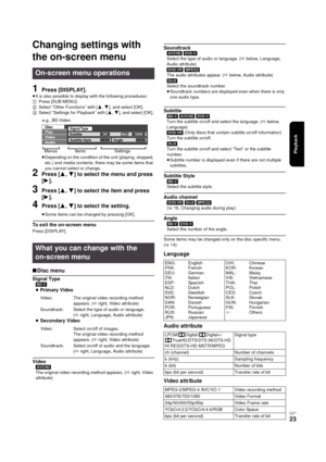 Page 23Playback
RQT9334
(E NG)
23
Changing settings with 
the on-screen menu
1
Press [DISPLAY].
≥It is also possible to display with the following procedures:
1Press [SUB MENU].
2Select “Other Functions” with [3,4], and select [OK].
3Select “Settings for Playback” with [3,4], and select [OK].
≥Depending on the condition of the unit (playing, stopped, 
etc.) and media contents, there may be some items that 
you cannot select or change.
2Press [3,4] to select the menu and press 
[1].
3Press [3,4] to select the...