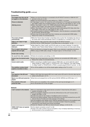 Page 44RQT9334
(ENG )
44
Troubleshooting guide (continued)
Connection
Card
Network
The images from this unit do 
not appear on the television.
Picture is distorted.
Jittering occurs.≥Make sure that the television is connected to the AV IN/OUT terminal or HDMI AV OUT 
terminal on this unit. (>25)
≥Make sure that the television’s input setting (e.g., VIDEO 1) is correct.
≥If “24p Output” is set to “On” when the unit is connected to a TV through any terminal other 
than HDMI, images may not display properly. In...