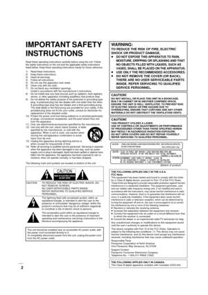 Page 2VQT3C15
2
Getting started
IMPORTANT SAFETY 
INSTRUCTIONS
Read these operating instructions carefully before using the unit. Follow 
the safety instructions on the unit and the applicable safety instructions 
listed below. Keep these operating instructions handy for future reference.
1) Read these instructions.
2) Keep these instructions.
3) Heed all warnings.
4) Follow all instructions.
5) Do not use this apparatus near water.
6) Clean only with dry cloth.
7) Do not block any ventilation openings.Install...