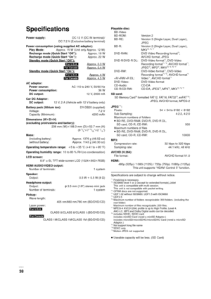 Page 38VQT3C15
38
Specifications
Specifications are subject to change without notice.
*1Finalizing is necessary.*2ISO9660 level 1 or 2 (except for extended formats),Joliet
This unit is compatible with multi-session.
This unit is not compatible with packet writing.
*3CPRM discs are not supported.*4UDF1.02 without ISO9660, UDF1.5 with ISO9660*5UDF2.5*6Maximum number of folders recognizable: 300 folders. (including the 
root folder) 
Maximum number of files recognizable: 200 files.
*7MPEG-4 AVC(H.264) profile is...