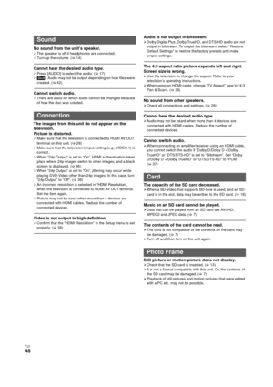 Page 48V QT 2J81(ENG )
48
No sound from the unit’s speaker.
¾The speaker is off if headphones are connected.
¾ Turn up the volume. ( >14)
Cannot hear the desired audio type.
¾Press [AUDIO] to select the audio. ( >17)
¾ [DivX]: Audio may not be output depending on how files were 
created. ( >42)
Cannot switch audio.
¾There are discs for which audio cannot be changed because 
of how the disc was created. 
The images from this unit do not appear on the 
television.
Picture is distorted.
¾Make sure that the...