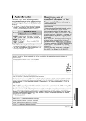Page 41Reference
41VQT3W08
The audio output differs depending on which 
terminals are connected to the amplifier/receiver, 
and the settings on the unit. (>29, Digital Audio 
Output)
≥ The number of channels listed is the maximum possible 
number of output channels  when connected to amplifier/
receiver compatible with the respective audio format.
*1When “BD-Video Secondary Audio” is set to “On”, the audio will 
be output as Dolby Digital, DTS Digital Surround or 5.1ch PCM.
*2The audio output is amplified from...