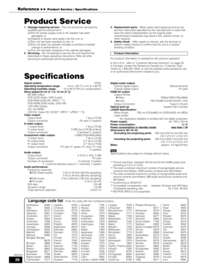 Page 2828
RQT8745
Product Service
1. Damage requiring service— The unit should be serviced by 
qualified service personnel if:
(a)The AC power supply cord or AC adaptor has been 
damaged; or
(b)Objects or liquids have gotten into the unit; or
(c)The unit has been exposed to rain; or
(d)The unit does not operate normally or exhibits a marked 
change in performance; or
(e)The unit has been dropped or the cabinet damaged.
2. Servicing— Do not attempt to service the unit beyond that 
described in these operating...