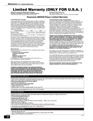 Page 3030
RQT8745
Limited Warranty (ONLY FOR U.S.A. )
Panasonic Consumer Electronics Company,
Division of Panasonic Corporation of North America
One Panasonic Way Secaucus, New Jersey 07094Panasonic Puerto Rico, Inc.
Ave. 65 de Infantería, Km. 9.5
San Gabriel Industrial Park, Carolina, Puerto Rico 00985
Panasonic BD/DVD Player Limited Warranty
Limited Warranty CoverageIf your product does not work properly because of a defect in materials or 
workmanship, Panasonic Consumer Electronics Company or Panasonic...