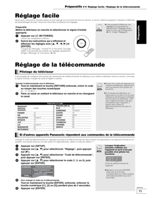 Page 4411
RQT8745
Réglage facile
Après avoir connecté le nouveau lecteur et avoir appuyé sur la touche de mise en marche, un écran s’affiche enjoignant l’utilisateur d’effectuer 
les paramétrages de base. Suivre les instructions et effectuer les réglages.
Réglage de la télécommande
Il est possible de configurer les touches de commande de la télécommande du téléviseur pour mettre le téléviseur en/hors marche, commuter 
le signal d’entrée, changer de canal et régler le volume.
Changer le code de télécommande sur...
