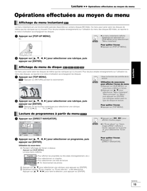 Page 4815
RQT8745
Opérations effectuées au moyen du menu
Affichage du menu instantané[BD-V]
Le menu instantané est une fonctionnalité spéciale disponible sur certains disques BD-Vidéo. Ce menu peut varier selon les disques de 
même que les rubriques qui s’y trouvent. Pour de plus amples renseignements sur l’utilisation du menu des disques BD-Vidéo, se reporter à 
la notice d’utilisation accompagnant les disques.
Appuyer sur [POP-UP MENU].
Ex.:
Appuyer sur [,,,] pour sélectionner une rubrique, puis...