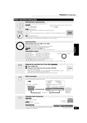 Page 1313
RQT8997
Other operations during play
Starting from a selected item
Play starts from the selected title, chapter or track.[MP3] [JPEG]
e.g., 5: [0] ➡ [0] ➡ [5]
15: [0] ➡ [1] ➡ [5]Other discs (You can select a track with DVD-Audio.)
e.g., 5: [0] ➡ [5]
15: [1] ➡ [5]
[DVD-A] Selecting groups
While stopped (screen saver is displayed on the television ➡right)
e.g., 5: [5]
≥This works only when stopped (screen saver is displayed on the television ➡right) with some 
discs.
[VCD] (with playback control)
If you...