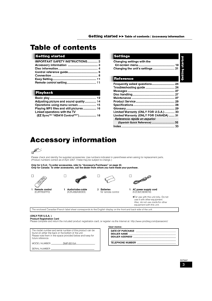 Page 33
RQT8997
Table of contents
IMPORTANT SAFETY INSTRUCTIONS............. 2
Accessory information  ..................................... 3
Disc information ................................................. 4
Control reference guide..................................... 6
Connection ......................................................... 8
Easy Setting...................................................... 11
Remote control setting .................................... 11
Basic play...