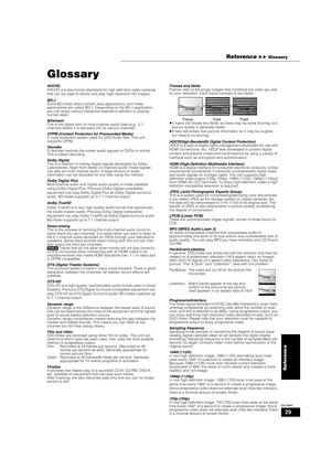 Page 2929
RQT8997
Glossary
AV C H D
AVCHD is a new format (standard) for high definition video cameras 
that can be used to record and play high-resolution HD images. 
BD-J
Some BD-Video discs contain Java applications, and these 
applications are called BD-J. Depending on the BD-J application, 
you can enjoy various interactive features in addition to playing 
normal video.
Bitstream
This is the digital form of multi-channel audio data (e.g., 5.1 
channel) before it is decoded into its various channels.
CPPM...