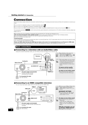 Page 88
RQT8997
Connection
From the list below, please choose the connection method that fits your TV viewing environment best and follow the illustrations to connect your 
player.
≥If you connect to a television using an included Audio/Video cable 
➜ A 
≥If you connect to an HDMI (➡29, Glossary) compatible television 
➜ B 
≥If you connect to an HDMI compatible television and an HDMI compatible amplifier/receiver to enjoy surround sound 
➜ C (➡9)
The connection examples (
ABC) are the most commonly used...