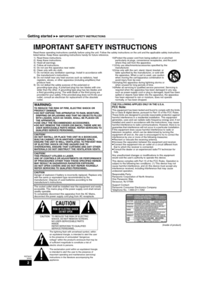 Page 22
RQT9037
(ENG)
IMPORTANT SAFETY INSTRUCTIONS
Read these operating instructions carefully before using the unit. Follow the safety instructions on the unit and the applicable safety instructions 
listed below. Keep these operating instructions handy for future reference.
(Inside of product) 1) Read these instructions.
2) Keep these instructions.
3) Heed all warnings.
4) Follow all instructions.
5) Do not use this apparatus near water.
6) Clean only with dry cloth.
7) Do not block any ventilation...