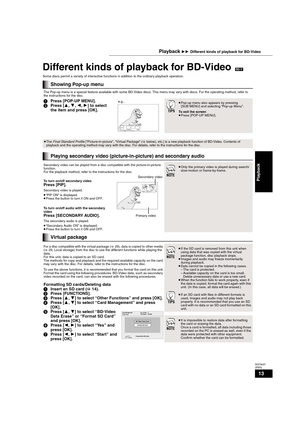 Page 1313
RQT9037
(ENG)
Different kinds of playback for BD-Video[BD-V]
Some discs permit a variety of interactive functions in addition to the ordinary playback operation.
Showing Pop-up menu
The Pop-up menu is a special feature available with some BD-Video discs. This menu may vary with discs. For the operating method, refer to 
the instructions for the disc.
1Press [POP-UP MENU].
2Press [3,4,2,1] to select 
the item and press [OK].≥Pop-up menu also appears by pressing 
[SUB MENU] and selecting “Pop-up Menu”....