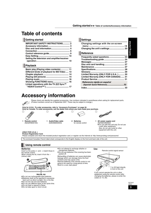 Page 33
RQT9037
(ENG)
Table of contents
IMPORTANT SAFETY INSTRUCTIONS............ 2
Accessory information ..................................... 3
Disc and card information ................................ 4
Connection ........................................................ 6
Control reference guide.................................... 9
Easy Setting..................................................... 10
Setting the television and amplifier/receiver...