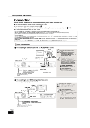 Page 66
RQT9037
(ENG)
Connection
From the list below, please choose the connection method that fits your TV viewing environment best.
≥If you connect to a television using an included Audio/Video cable > 
A 
≥If you connect to an HDMI (>29) compatible television > 
B 
≥If you connect to an HDMI compatible television and an HDMI compatible amplifier/receiver to enjoy surround sound > 
C (>7)
≥For other connection methods, please see pages 7 and 8.
≥Do not place the unit on amplifiers or equipment that may...