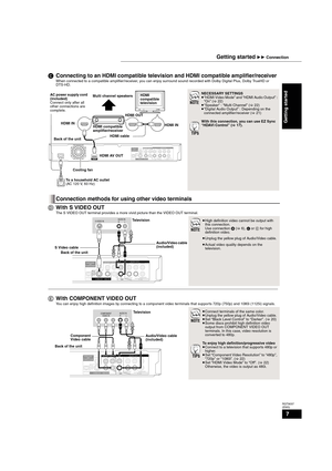 Page 77
RQT9037
(ENG)
CConnecting to an HDMI compatible television and HDMI compatible amplifier/receiver
When connected to a compatible amplifier/receiver, you can enjoy surround sound recorded with Dolby Digital Plus, Dolby TrueHD or 
DTS-HD.
NECESSARY SETTINGS
≥“HDMI Video Mode” and “HDMI Audio Output” : 
“On” (>22)
≥“Speaker” : “Multi Channel” (>22)
≥“Digital Audio Output” : Depending on the 
connected amplifier/receiver (>21)
With this connection, you can use EZ Sync 
“HDAVI Control” (>17).
Connection...