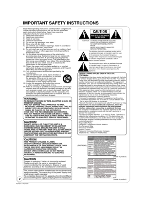Page 22
RQT9243 or RQT9350
Getting started
IMPORTANT SAFETY INSTRUCTIONS
Read these operating instructions carefully before using the unit. 
Follow the safety instructions on the unit and the applicable 
safety instructions listed below. Keep these operating 
instructions handy for future reference.
1) Read these instructions.
2) Keep these instructions.
3) Heed all warnings.
4) Follow all instructions.
5) Do not use this apparatus near water.
6) Clean only with dry cloth.
7) Do not block any ventilation...