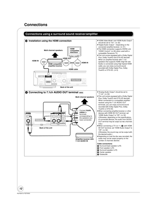 Page 12RQT9243 or RQT9350
12
Connections
Connections using a surround sound receiver/amplifier
DInstallation using the HDMI connection≥“HDMI Video Mode” and “HDMI Audio Output” 
should be set to “On”. ( >32)
≥ “Digital Audio Output” : Depending on the 
connected amplifier/receiver. ( >31)
≥ The HDMI connection supports VIERA Link 
“HDAVI Control” ( >26) when used with a 
compatible Panasonic TV.
≥ This unit comes equipped with a Dolby Digital 
Plus, Dolby TrueHD and DTS-HD decoder. 
When an amplifier/receiver...