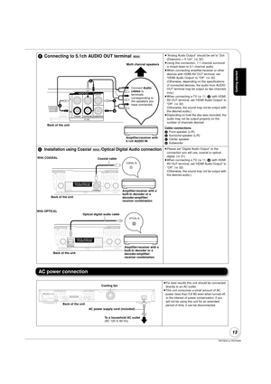 Page 13RQT9243 or RQT9350
13
AC power connection
FConnecting to 5.1ch AUDIO OUT terminal [BD55] ≥
“Analog Audio Output” should be set to “2ch 
(Downmix) + 5.1ch”. ( >32)
≥ Using this connection, 7.1 channel surround 
is mixed down to 5.1 channel audio.
≥ When connecting amplifier/receiver or other 
devices with HDMI AV OUT terminal, set 
“HDMI Audio Output” to “Off”. (> 32)
(Otherwise, depending on the specifications 
of connected devices, the audio from AUDIO 
OUT terminal may be output as two channels...