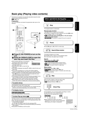 Page 19RQT9243 or RQT9350
19
Play back
Basic play (Playing video contents)
Instructions for operations are generally described using the remote 
control in these operating instructions.
[DivX]: [BD55]  only 
PreparationTurn on the television and select the appropriate video input on the 
television.
1 Press [Í BD POWER] to turn on the 
unit.
2 Press [ 46), the resume 
play function does not work.
≥ [CD]  [MP3]  [DivX] : The position is cleared if the unit is turned off.
Pause
≥Press [ ;] again or [ 1] (PLAY) to...