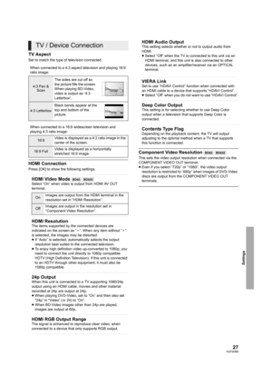Page 2727VQT2H86
Settings
TV Aspect
Set to match the type of television connected.
HDMI Connection
Press [OK] to show the following settings.
Component Video Resolution [BD65] [BD655]
This sets the video output resolution when connected via the 
COMPONENT VIDEO OUT terminal.
≥
Even if you select “720p” or “1080i”, the video output 
resolution is restricted to “480p” when images of DVD-Video 
discs are output from the COMPONENT VIDEO OUT 
terminals.
TV / Device Connection
When connected to a 4:3 aspect...