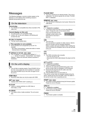 Page 3131VQT2H86
Reference
Messages
The following messages or service numbers appear on the 
television or unit’s display when something unusual is 
detected during startup and use.
Cannot play.¾You inserted an incompatible disc (Discs recorded in PAL 
video, etc.).
Cannot display on this unit.¾You tried to play a non-compatible image.
¾Confirm “SD” on the unit’s display is not blinking and 
re-insert the card. 
No disc is inserted.¾The disc may be upside down.
$ This operation is not available.¾Some operations...
