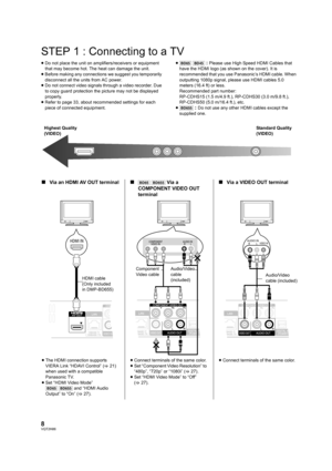 Page 88VQT2H86
STEP 1 : Connecting to a TV
≥Do not place the unit on amplifiers/receivers or equipment 
that may become hot. The heat can damage the unit.
≥ Before making any connections  we suggest you temporarily 
disconnect all the units from AC power.
≥ Do not connect video signals through a video recorder. Due 
to copy guard protection the picture may not be displayed 
properly.
≥ Refer to page 33, about recommended settings for each 
piece of connected equipment. ≥
[BD65] [BD45] : Please use High Speed...