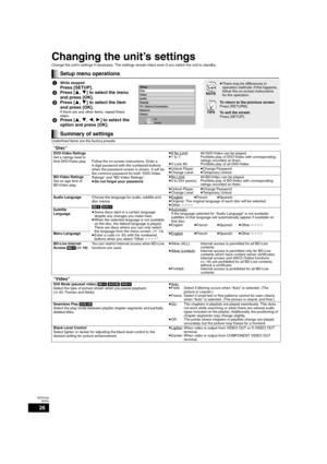 Page 2626
RQT9184
(ENG)
Changing the unit’s settings
Change the unit’s settings if necessary. The settings remain intact even if you switch the unit to standby.
Underlined items are the factory presets.
Setup menu operations
1While stopped
Press [SETUP].
2Press [3,4] to select the menu 
and press [OK].
3Press [3,4] to select the item 
and press [OK].
If there are any other items, repeat these 
steps.
4Press [3,4,2,1] to select the 
option and press [OK].
NOTE
≥There may be differences in 
operation methods. If...