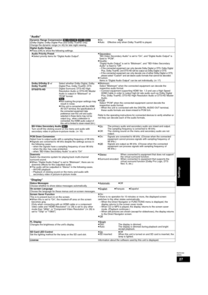 Page 2727
RQT9184
(ENG)
“Audio”
Dynamic Range Compression [BD-V] [AVCHD] [DVD-V] [DivX]
(Dolby Digital, Dolby Digital Plus and Dolby TrueHD only)
Change the dynamic range (>40) for late night viewing.≥On≥Off≥Auto: Effective only when Dolby TrueHD is played.
Digital Audio Output
≥Press [OK] to show the following settings.
Audio Priority Preset
≥Select priority items for “Digital Audio Output”.≥Secondary
:
“BD-Video Secondary Audio” is set to “On”, and “Digital Audio Output” is 
fixed to “PCM”.
≥Quality:
“Digital...