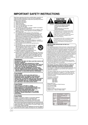 Page 22
RQT9378
Getting started
IMPORTANT SAFETY INSTRUCTIONS
Read these operating instructions carefully before using the unit. 
Follow the safety instructions on the unit and the applicable 
safety instructions listed below. Keep these operating instructions 
handy for future reference.
1) Read these instructions.
2) Keep these instructions.
3) Heed all warnings.
4) Follow all instructions.
5) Do not use this apparatus near water.
6) Clean only with dry cloth.
7) Do not block any ventilation openings....