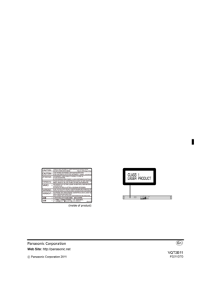 Page 36(Inside of product)
Panasonic Corporationp
Web Site: http://panasonic.net
C Panasonic Corporation 2011
VQT3B11
F0211DT0
DMP-BD7\bGNGCG\fGW-VQT3B11.book  36 ページ  ２０１１年２月９日　水曜日　午後７時２８分 