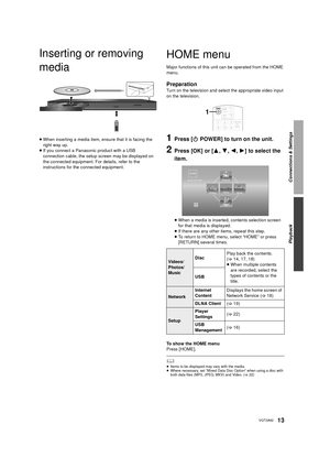 Page 13Connections & Settings
Playback
13VQT3A92
Playback
Inserting or removing 
media
≥When inserting a media item, ensure that it is facing the 
right way up.
≥ If you connect a Panasonic product with a USB 
connection cable, the setup screen may be displayed on 
the connected equipment. For details, refer to the 
instructions for the connected equipment.
HOME menu
Major functions of this unit can be operated from the HOME 
menu.
Preparation
Turn on the television and select the appropriate video input 
on...