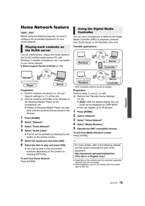 Page 1919SQT0108
Playback
Home Network feature 
[BD901] [BD91]
Before using the following features, be sure to 
configure the connected equipment on your 
Home Network.
You can share photos, videos and music stored in 
the DLNA Certified media server (PC with 
Windows 7 installed, smartphone, etc.) connected 
to your home network.
≥About support format of DLNA (>31).
Preparation
1Perform network connection (>10) and 
network settings (>11) of this unit.
2Add the contents and folder to the libraries of 
the...