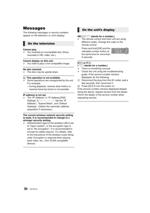 Page 3030VQT3V18
Messages
The following messages or service numbers 
appear on the television or unit’s display.
Cannot play.
¾You inserted an incompatible disc (Discs 
recorded in PAL video, etc.).
Cannot display on this unit.
¾You tried to play a non-compatible image.
No disc inserted.
¾The disc may be upside down.
$ This operation is not available.
¾ Some operations are unsupported by the unit. 
For example;
– During playback, reverse slow-motion or 
reverse frame-by-frame is not possible.
IP address is not...