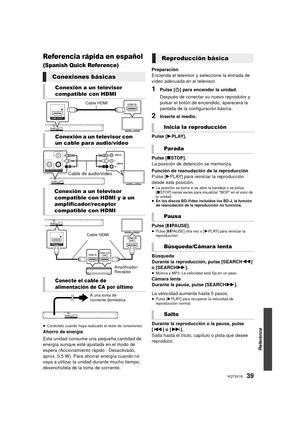 Page 3939VQT3V18
Referencia rápida en español 
(Spanish Quick Reference)
≥Conéctelo cuando haya realizado el resto de conexiones.
Ahorro de energía
Esta unidad consume una pequeña cantidad de 
energía aunque esté ajustada en el modo de 
espera (Accionamiento rápido : Desactivado, 
aprox. 0,5 W). Para ahorrar energía cuando no 
vaya a utilizar la unidad durante mucho tiempo, 
desenchúfela de la toma de corriente. Preparación
Encienda el televisor y seleccione la entrada de 
vídeo adecuada en el televisor.
1Pulse...