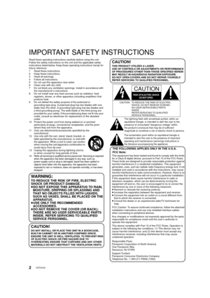 Page 22VQT2U33
Getting starte d
IMPORTANT SAFETY INSTRUCTIONS
Read these operating instructions carefully before using the unit. 
Follow the safety instructions on the unit and the applicable safety 
instructions listed below. Keep these operating instructions handy for 
future reference.
1 Read these instructions.
2 Keep these instructions.
3 Heed all warnings.
4 Follow all instructions.
5 Do not use this apparatus near water.
6 Clean only with dry cloth.
7 Do not block any ventilation openings. Install in...