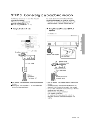 Page 11Connections & Settings
11VQT2U33
STEP 3 : Connecting to a broadband network
The following services can be used when this unit is 
connected to broadband.
≥Firmware can be updated  (> 15)
≥ You can enjoy BD-Live ( >19)
≥ You can enjoy VIERA CAST ( >24) For details about connection method, refer to the 
instructions supplied with the connected equipment.
≥
The unit is not compatible with public wireless LAN 
services provided in airports, stations, cafes etc.
∫ Using LAN (ethernet) cable ∫Using Wireless...