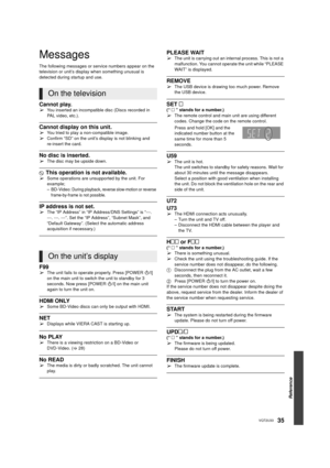 Page 35Reference
35VQT2U33
Messages
The following messages or service numbers appear on the 
television or unit’s display when something unusual is 
detected during startup and use.
Cannot play.¾You inserted an incompatible disc (Discs recorded in 
PAL video, etc.).
Cannot display on this unit.¾You tried to play a non-compatible image.
¾Confirm “SD” on the unit’s display is not blinking and 
re-insert the card. 
No disc is inserted.¾The disc may be upside down.
$ This operation is not available.¾Some operations...