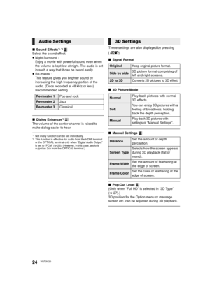 Page 2424VQT3V20
∫Sound Effects*1, *2 
Select the sound effect.
≥Night Surround :
Enjoy a movie with powerful sound even when 
the volume is kept low at night. The audio is set 
in such a way that it can be heard easily.
≥ Re-master : 
This feature gives you brighter sound by 
increasing the high frequency portion of the 
audio. (Discs recorded at 48 kHz or less)
Recommended setting
∫ Dialog Enhancer*2 
The volume of the center channel is raised to 
make dialog easier to hear.
*1Not every function can be set...