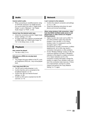 Page 33Reference
33VQT3V20
Cannot switch audio.
¾When connecting an amplifier/receiver using 
an OPTICAL terminal or an HDMI terminal, 
you cannot switch the audio if “Digital Audio 
Output” is set to “Bitstream”. Set “Digital 
Audio Output” to “PCM”. ( >26)
Cannot hear the desired audio type.
¾ Check the connections and the “Digital Audio 
Output” settings. ( >9, 26)
¾ To output audio from a device connected with 
an HDMI cable, set “HDMI Audio Output” to 
“On” in the Setup menu. ( >26)
Disc cannot be played....