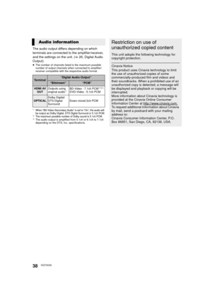 Page 3838VQT3V20
The audio output differs depending on which 
terminals are connected to the amplifier/receiver, 
and the settings on the unit. (>26, Digital Audio 
Output)
≥ The number of channels listed is the maximum possible 
number of output channels  when connected to amplifier/
receiver compatible with the respective audio format.
*1When “BD-Video Secondary Audio” is set to “On”, the audio will 
be output as Dolby Digital, DTS Digital Surround or 5.1ch PCM.
*2The maximum possible number of Dolby sound is...