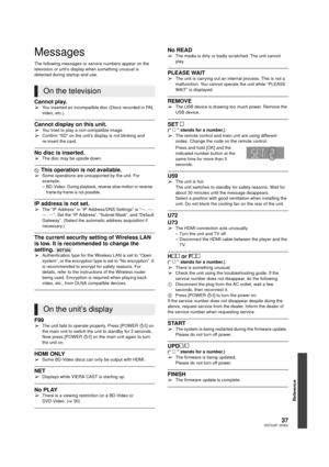 Page 3737VQT2J87 (ENG)
Reference
Messages
The following messages or service numbers appear on the 
television or unit’s display when something unusual is 
detected during startup and use.
Cannot play.¾You inserted an incompatible disc (Discs recorded in PAL 
video, etc.).
Cannot display on this unit.¾You tried to play a non-compatible image.¾Confirm “SD” on the unit’s display is not blinking and 
re-insert the card. 
No disc is inserted.¾The disc may be upside down.
$ This operation is not available.¾Some...