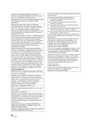 Page 4444VQT2J87(ENG)
Java and all Java-based trademarks and logos are 
trademarks or registered trademarks of Sun Microsystems, 
Inc. in the United States and other countries.
Manufactured under license from Dolby Laboratories. Dolby 
and the double-D symbol are trademarks of Dolby 
Laboratories.
Manufactured under license under U.S. Patent #’s: 
5,451,942; 5,956,674; 5,974,380; 5,978,762; 6,226,616; 
6,487,535; 7,392,195; 7,272,567; 7,333,929; 7,212,872 & 
other U.S. and worldwide patents issued & pending....